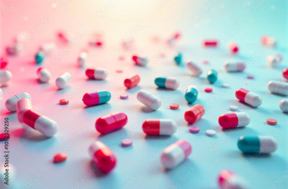 Various capsules and tablets are scattered across a soft background, showcasing bright colors and intricate designs Various capsules and tablets are scattered across a soft background, showcasing bright colors and intricate designs