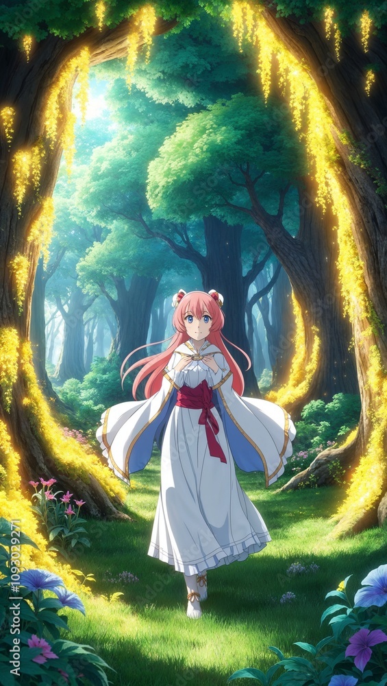 Fototapeta premium Anime magical forest glowing trees vibrant plants enchanted atmosphere