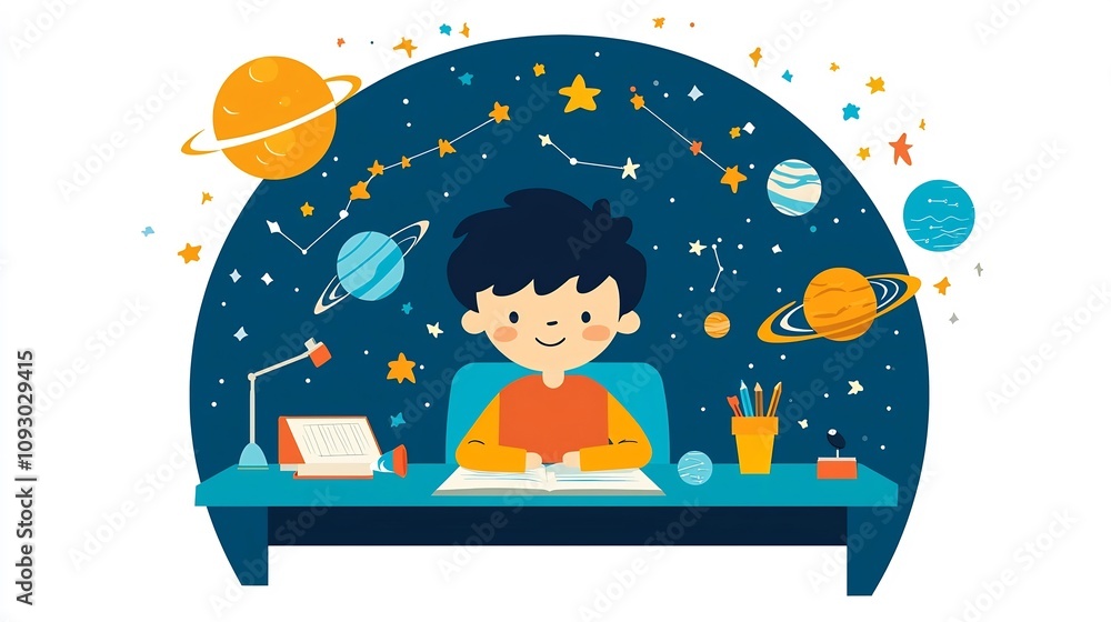 Flat design of a young student sitting at their desk in a classroom surrounded by planets stars and constellations exploring and learning about the mysteries of the cosmos Flat design of a young student sitting at their desk in a classroom surrounded by planets stars and constellations exploring and learning about the mysteries of the cosmos