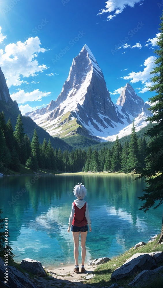 Anime mountain lake clear water tall peaks serene nature Anime mountain lake clear water tall peaks serene nature