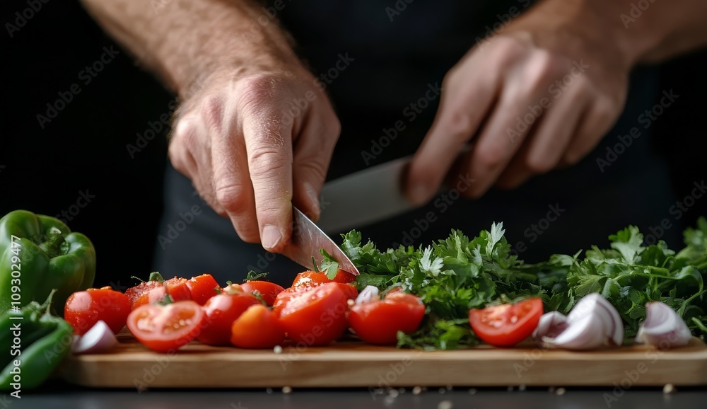 Chef prepares fresh vegetables and herbs at a kitchen countertop for a delicious meal Chef prepares fresh vegetables and herbs at a kitchen countertop for a delicious meal