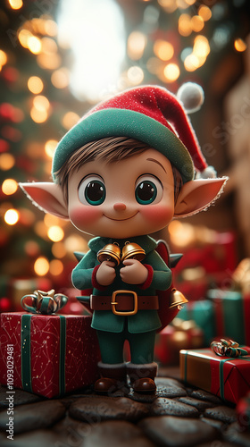 Illustration of Christmas elf, gnome, character, mascot, banner with copy space, Happy New Year and Merry Christmas