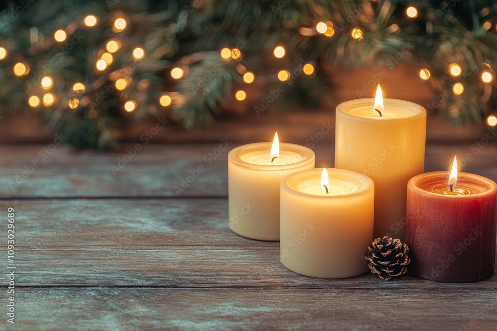A Calming Holiday Scene featuring Softly Glowing Candles and Beautiful Pine Cones for a Cozy Atmosphere A Calming Holiday Scene featuring Softly Glowing Candles and Beautiful Pine Cones for a Cozy Atmosphere