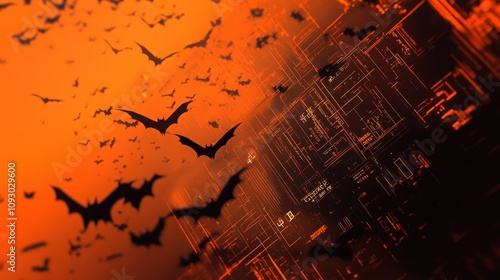 A black control system with sharp, angular design elements overlaying an orange background filled with bats in mid-flight. photo