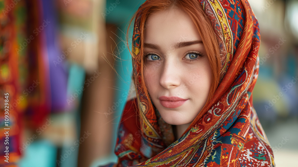 Red-haired woman with blue eyes wearing a colorful headscarf. Red-haired woman with blue eyes wearing a colorful headscarf.