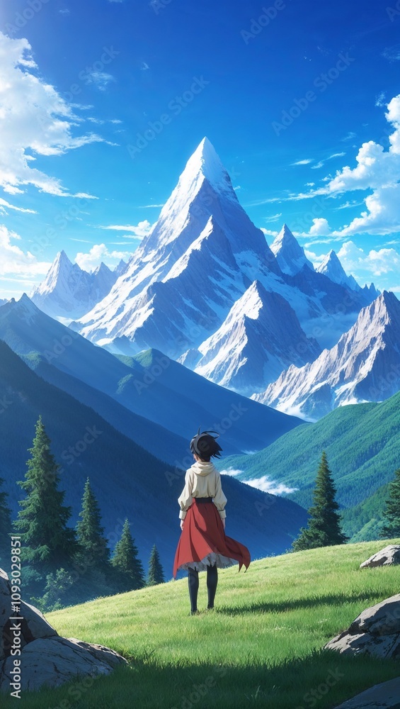 Naklejka premium Anime mountain view towering peaks clear skies peaceful scenery