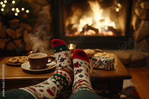 Wallpaper Mural Festive Christmas socks and hot cocoa by the cozy fireplace Torontodigital.ca