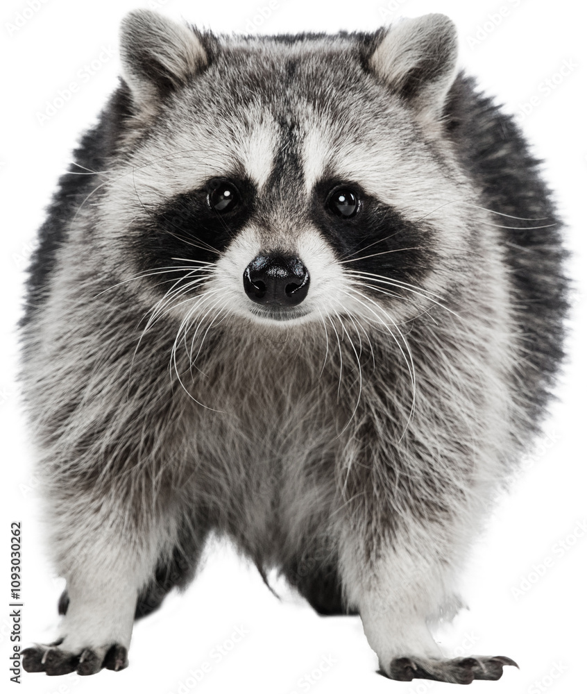 Close-up of cute young grey raccoon looking at camera with curious expression against transparent background. Environmental care. Concept of animals, veterinary, zoo, wildlife. Ad Close-up of cute young grey raccoon looking at camera with curious expression against transparent background. Environmental care. Concept of animals, veterinary, zoo, wildlife. Ad