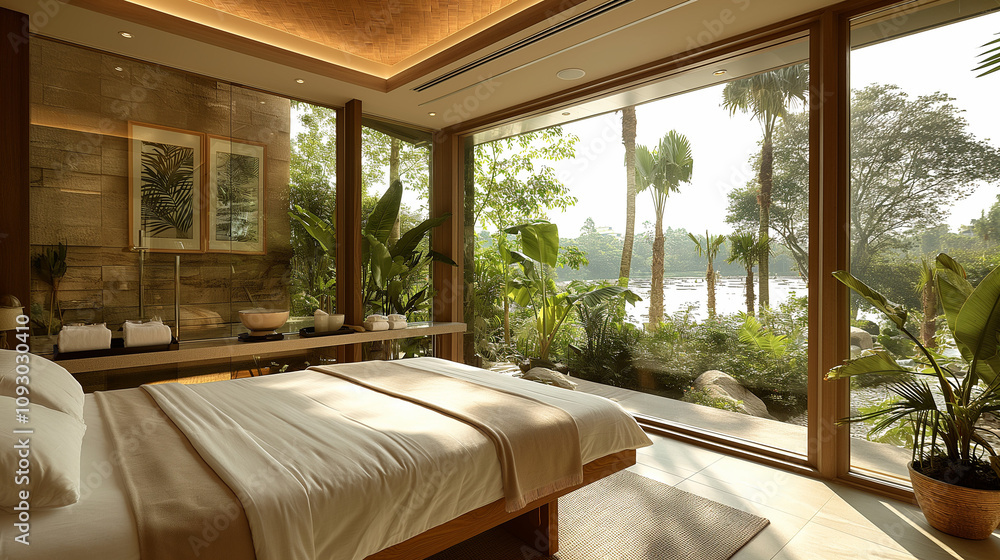 Luxury spa hotel room with panoramic nature views. Luxury spa hotel room with panoramic nature views.