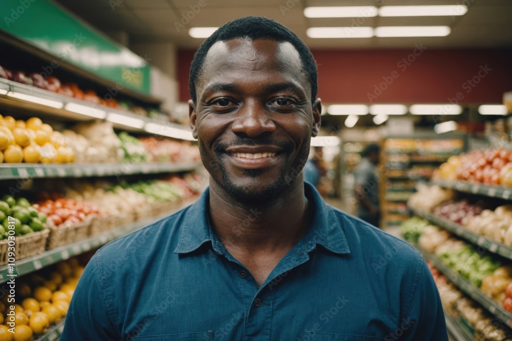 Close portrait of a smiling 40s Togolese male grocer standing and looking at the camera, Togolese grocery store blurred background Close portrait of a smiling 40s Togolese male grocer standing and looking at the camera, Togolese grocery store blurred background