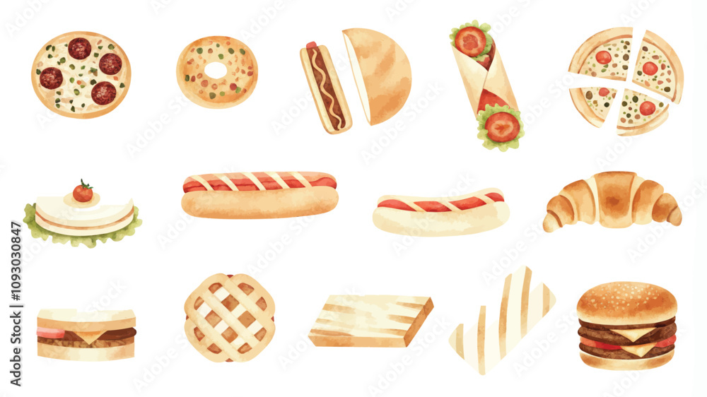Set of watercolor fast food icons. Isolated on white background. Set of watercolor fast food icons. Isolated on white background.