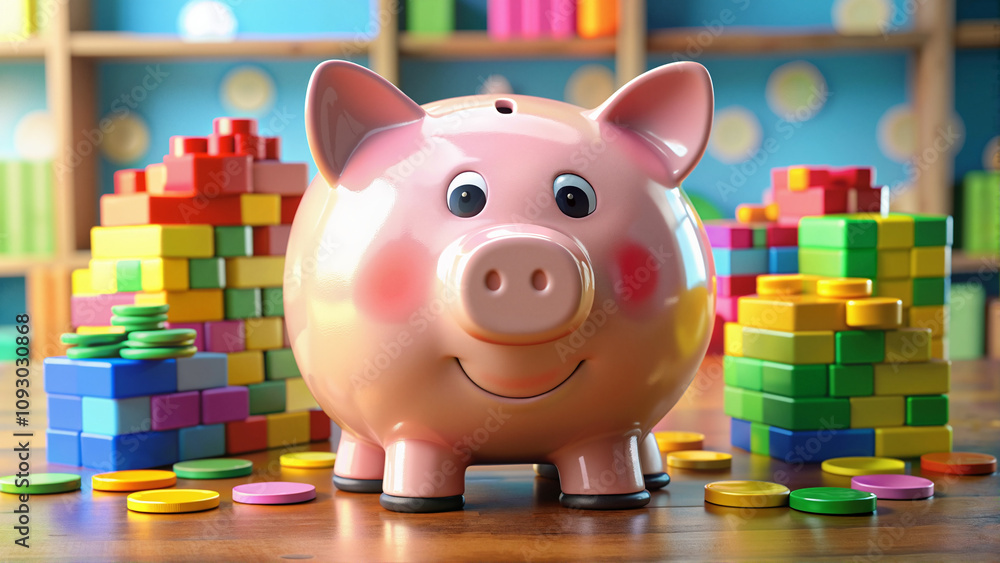 Piggy bank with colorful blocks on a desk Piggy bank with colorful blocks on a desk
