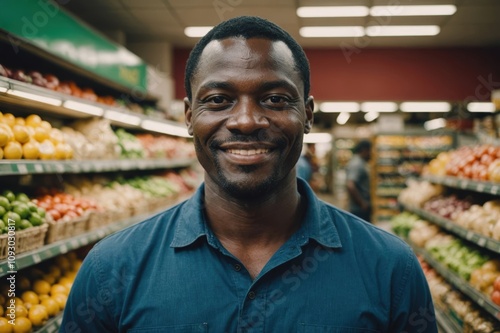 Close portrait of a smiling 40s Togolese male grocer standing and looking at the camera, Togolese grocery store blurred background