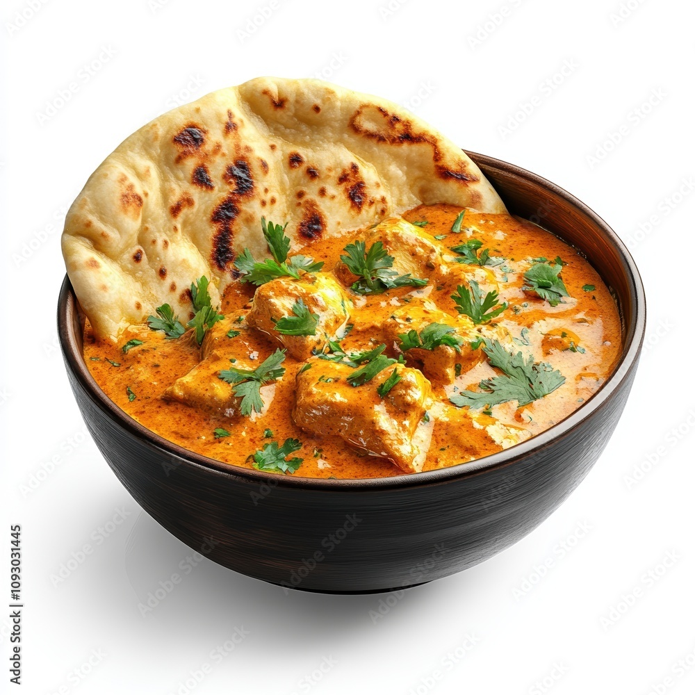 Delicious butter chicken curry in a bowl, garnished with cilantro, served with naan bread on a white isolated background. Delicious butter chicken curry in a bowl, garnished with cilantro, served with naan bread on a white isolated background.