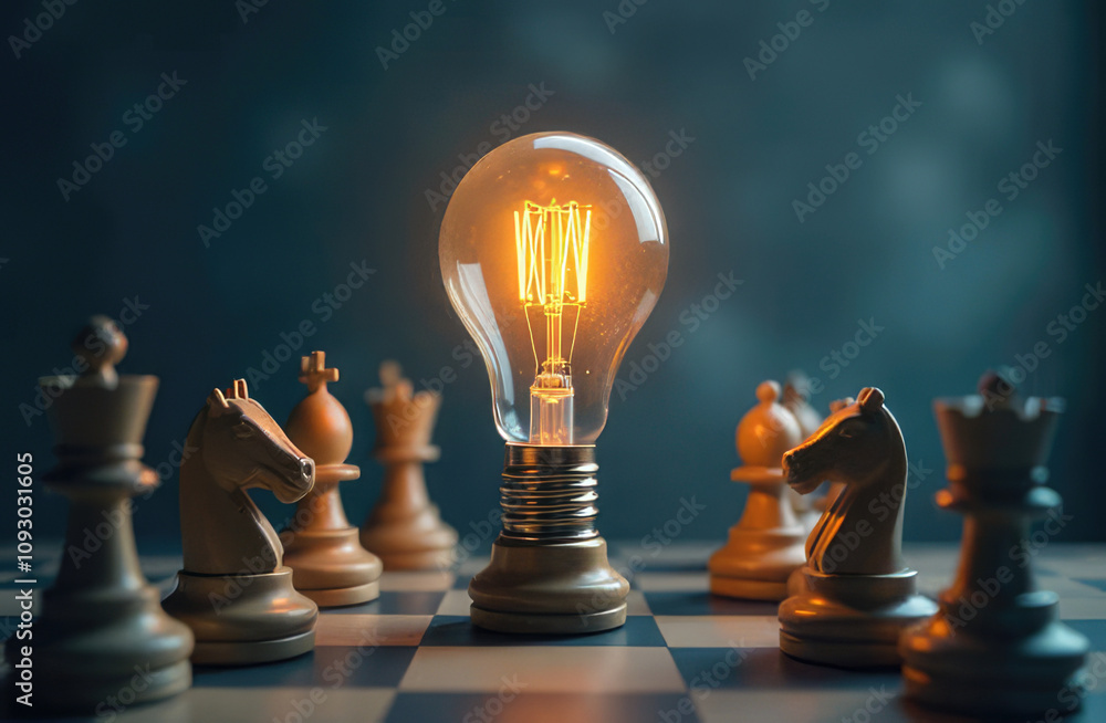 Strategic planning concept of success. Leadership is focused on business goals strategy. Leader's vision as a chess game for teamwork management idea. Leader holds a light bulb, business opportunity g Strategic planning concept of success. Leadership is focused on business goals strategy. Leader's vision as a chess game for teamwork management idea. Leader holds a light bulb, business opportunity g