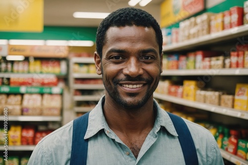 Close portrait of a smiling 40s Trinidadian male grocer standing and looking at the camera, Trinidadian grocery store blurred background