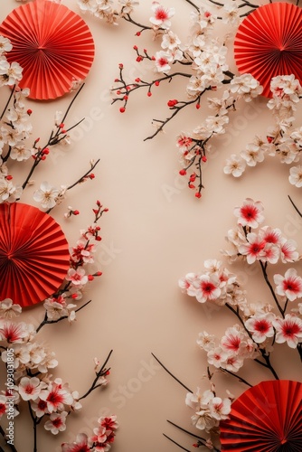 Decorative red fans and cherry blossom branches create a festive atmosphere for celebrations