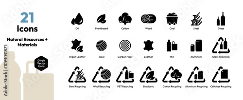 Raw Materials & Natural Resources Icon Set – Recycling, Sustainable Cycles, Bioplastic, and Recyclable Materials
