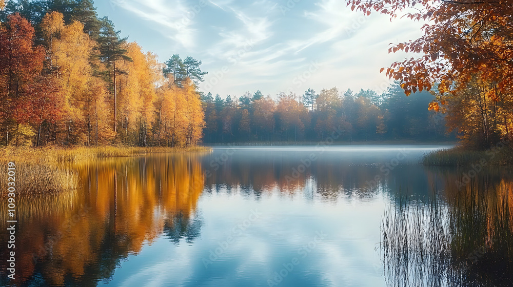 A serene fall nature scene, with colorful trees surrounding a calm lake