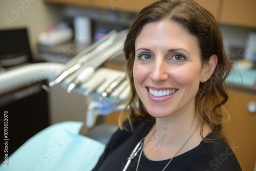 Smiling dental hygienist in a clinic setting with dental tools in the background