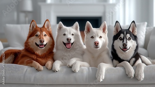 Happy Husky Crew: Four adorable Siberian Huskies, a mix of white and red, cuddle together on a plush grey couch, showcasing their playful personalities and undeniable charm.   photo