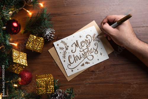 Festive Christmas Card with Writing and Holiday Decorations