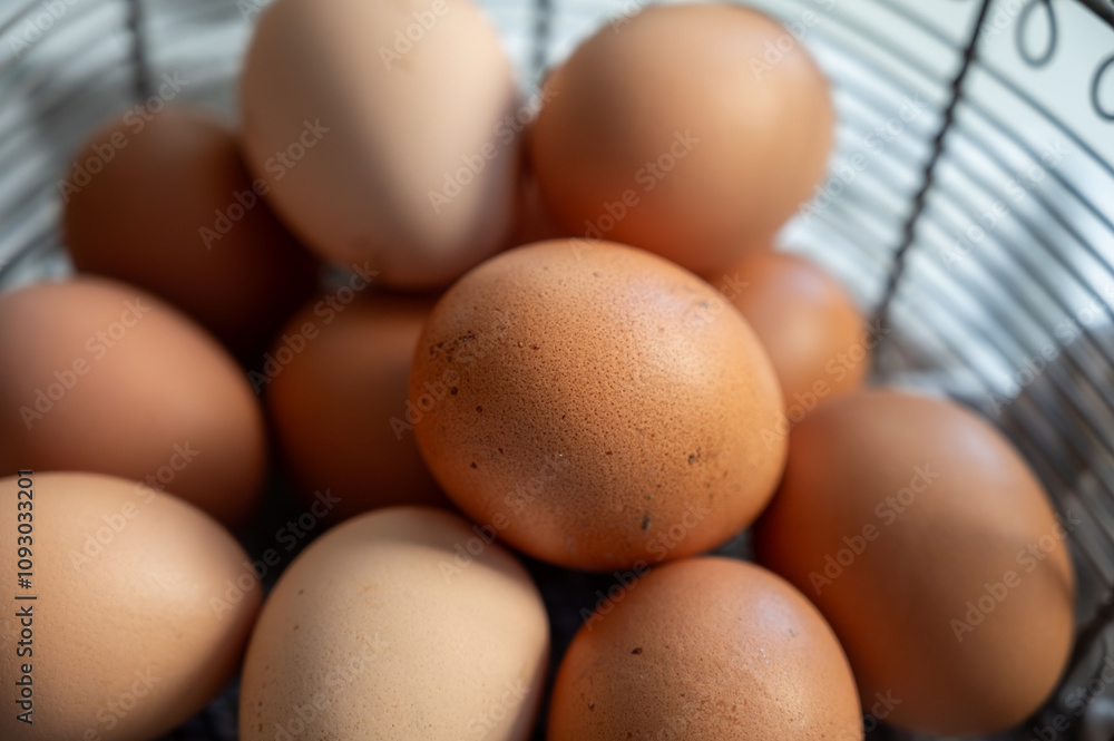 Organic brown chicken eggs from free-range organic farm in basket Organic brown chicken eggs from free-range organic farm in basket