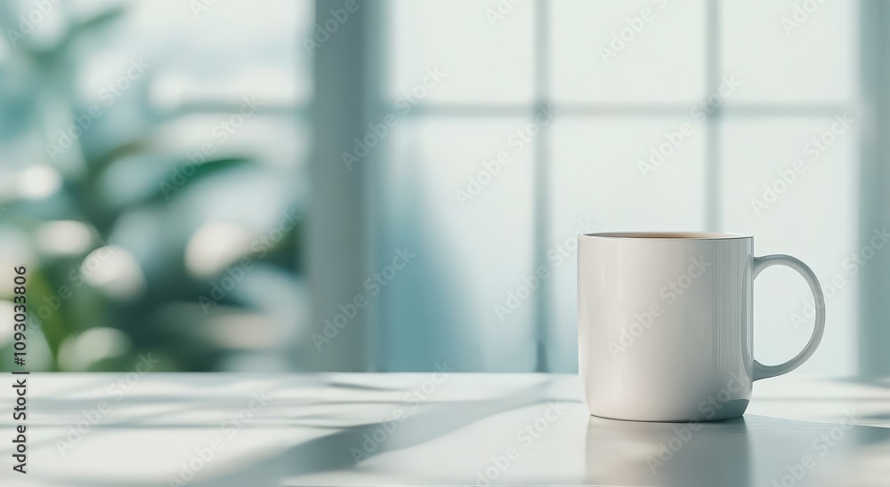 Morning coffee mug on a table with soft sunlight and greenery in the background Morning coffee mug on a table with soft sunlight and greenery in the background