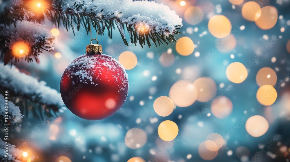snowy Christmas tree with a red ornamen snowy Christmas tree with a red ornamen