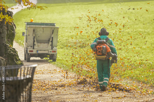 Obraz na płótnie Back view of a public worker using leaf blower to clean path in a park from fallen leaves. Autumn scene in park, maintenance of paths, utility vehicle visible w salonie