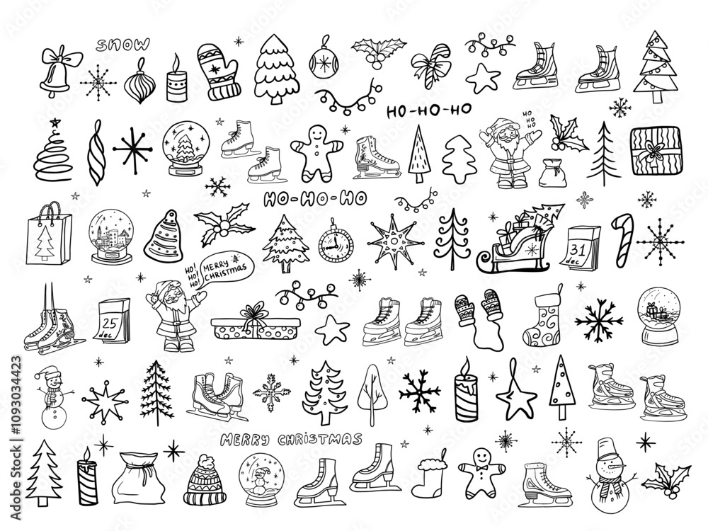Large set of Christmas and New Year clipart in doodle style. Cute illustration for design, greeting card, decoration, textile. Hand drawn. Vector illustration EPS10. Isolated on white. Winter Large set of Christmas and New Year clipart in doodle style. Cute illustration for design, greeting card, decoration, textile. Hand drawn. Vector illustration EPS10. Isolated on white. Winter