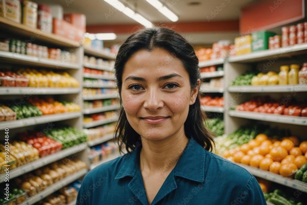 Close portrait of a smiling 40s Uzbek female grocer standing and looking at the camera, Uzbek grocery store blurred background Close portrait of a smiling 40s Uzbek female grocer standing and looking at the camera, Uzbek grocery store blurred background