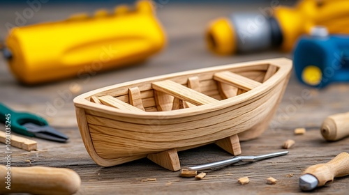 Wooden Model Boat with Woodworking Tools in DIY Workshop Craft Project photo