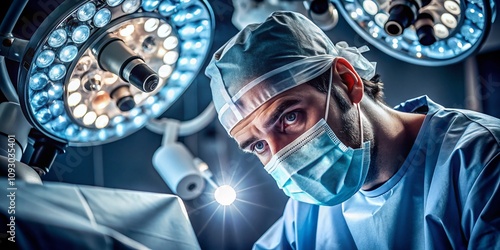 Nighttime Precision: A Surgeon Enhances Vision with a Surgical Magnifying Lens During a Delicate Operation photo