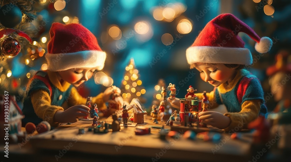 Christmas elves making toys with vibrant colors, soft lighting, festive workshop scene Christmas elves making toys with vibrant colors, soft lighting, festive workshop scene