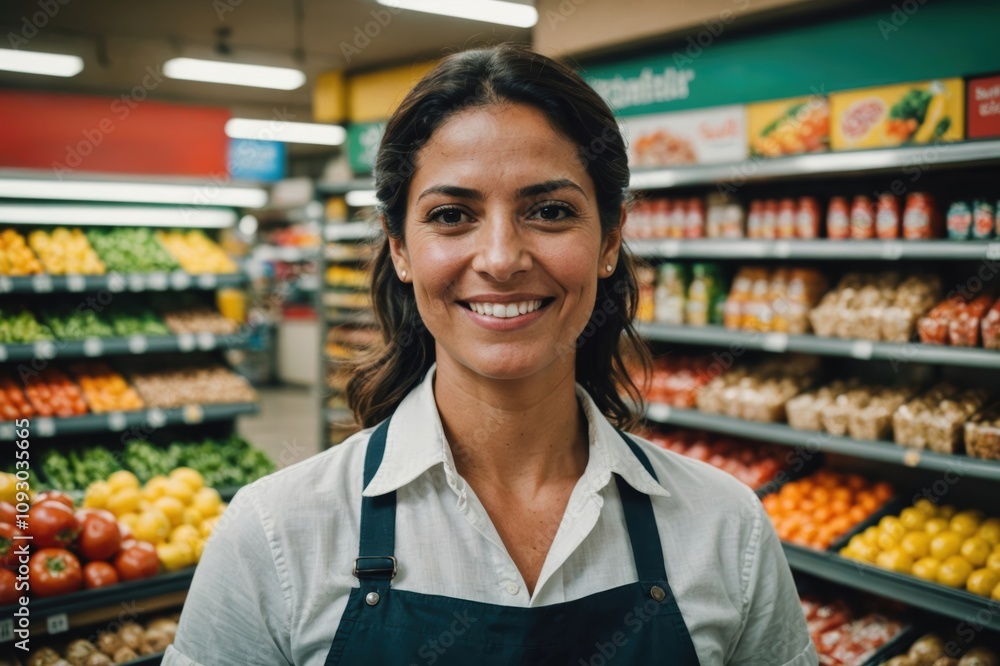 Close portrait of a smiling 40s Venezuelan female grocer standing and looking at the camera, Venezuelan grocery store blurred background Close portrait of a smiling 40s Venezuelan female grocer standing and looking at the camera, Venezuelan grocery store blurred background