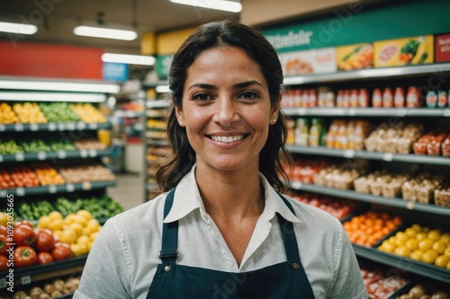 Close portrait of a smiling 40s Venezuelan female grocer standing and looking at the camera, Venezuelan grocery store blurred background