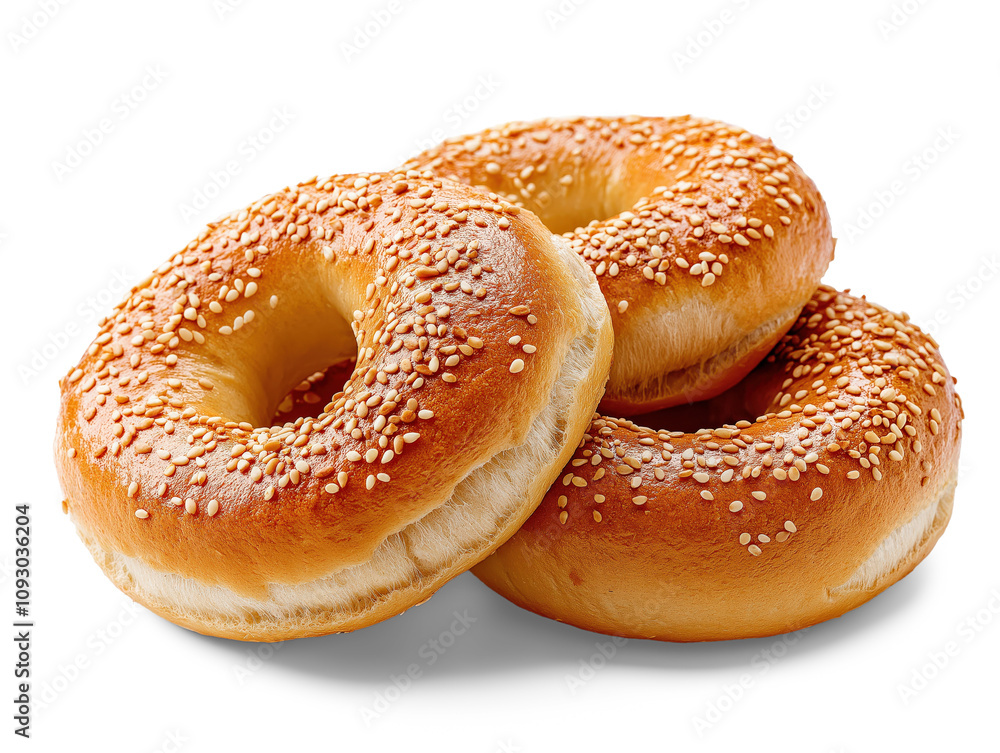 Sesame seed bagels stacked together, showcasing their fluffy texture and freshly baked perfection on a transparent background Sesame seed bagels stacked together, showcasing their fluffy texture and freshly baked perfection on a transparent background
