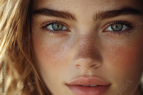 Close-up of a young woman's face showcasing natural beauty and captivating blue eyes in soft lighting