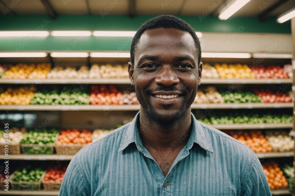 Close portrait of a smiling 40s Zambian male grocer standing and looking at the camera, Zambian grocery store blurred background Close portrait of a smiling 40s Zambian male grocer standing and looking at the camera, Zambian grocery store blurred background