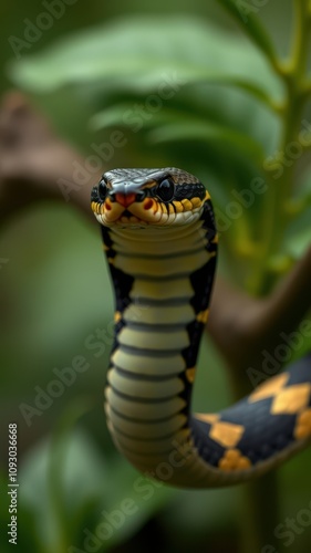 Colorful snake displays its striking patterns while perched among green foliage in a tropical environment during daytime photo