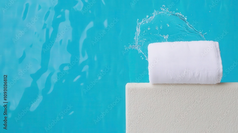 Droplets of clear water flying off a wet towel being shaken by the poolside, towel splash, refreshing pool clarity Droplets of clear water flying off a wet towel being shaken by the poolside, towel splash, refreshing pool clarity