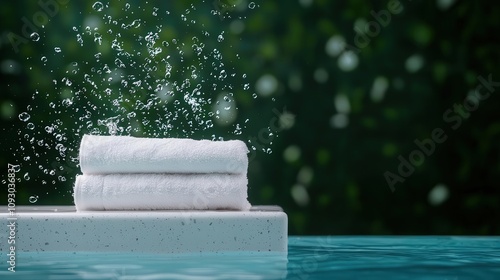 Droplets of clear water flying off a wet towel being shaken by the poolside, towel splash, refreshing pool clarity photo