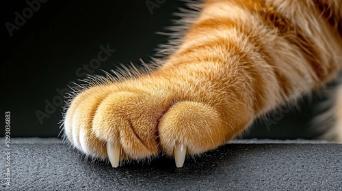 High detail close up photograph of a cat s paw with sharp extended claws resting on a scratching post showcasing the intricate texture of the fur nails and paw pad photo