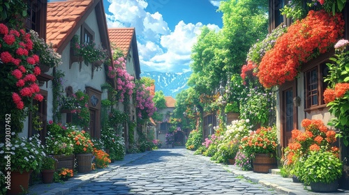 Serene Cobblestone Street Adorned with Colorful Blossoms and Charming Flower Boxes in a Picturesque Village Under a Clear Blue Sky