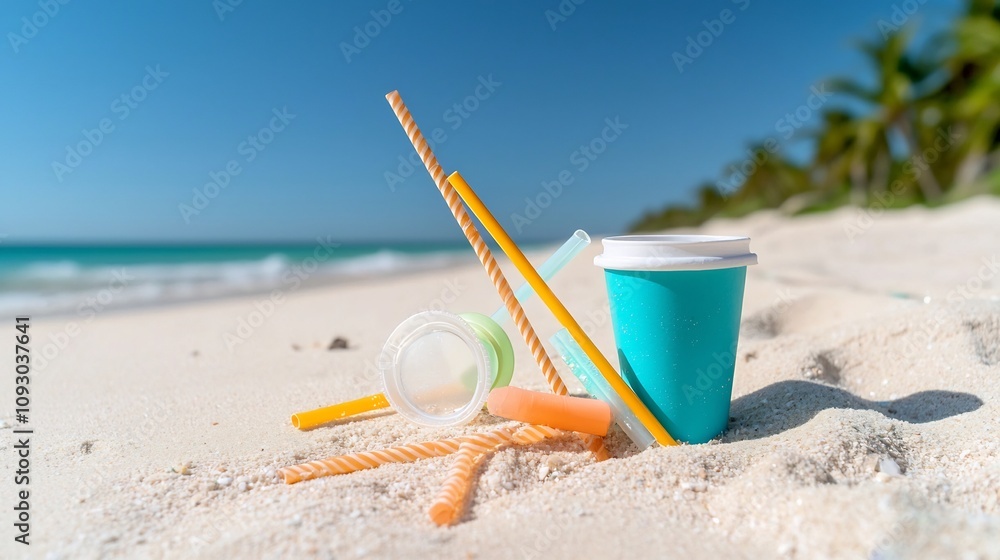 Discarded plastic straws and cups littering a wet sandy beach Discarded plastic straws and cups littering a wet sandy beach