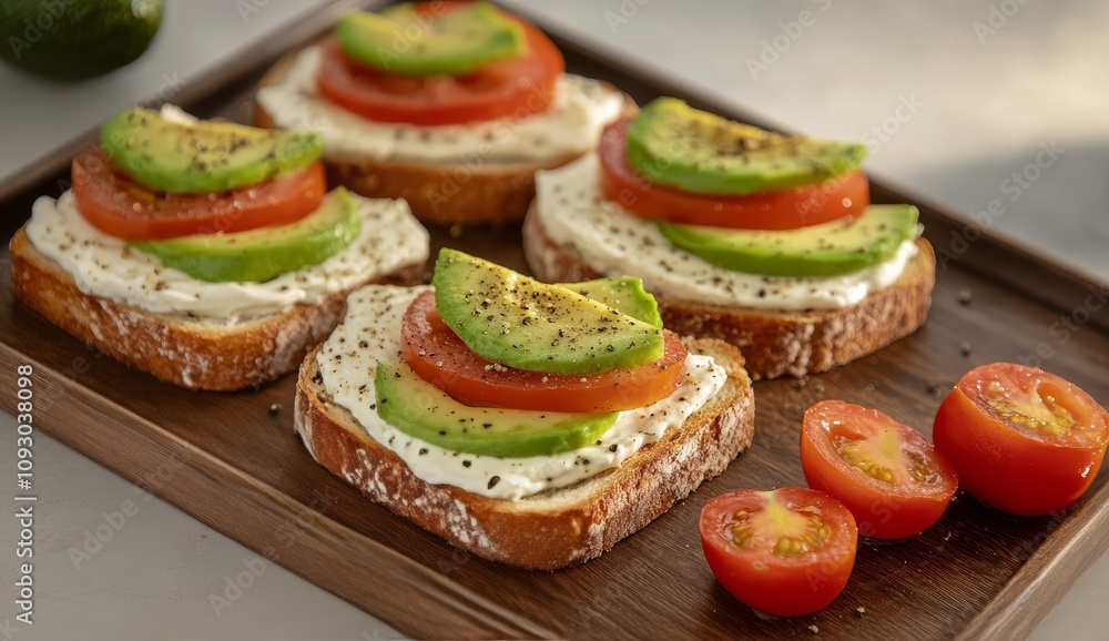 Creamy avocado toast topped with fresh cucumber slices and cherry tomatoes on a wooden board Creamy avocado toast topped with fresh cucumber slices and cherry tomatoes on a wooden board