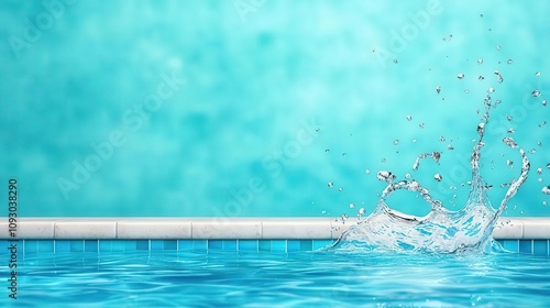 Pool water splashing over the edge of a tiled pool, clear droplets glistening in the sun, pool edge splash, clean summer vibe