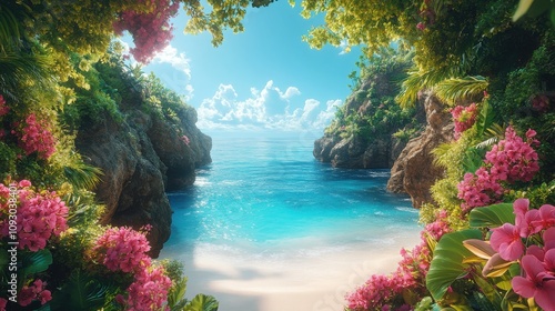 Serene Tropical Cove with Lush Greenery and Vibrant Pink Flowers, Crystal Clear Waters, Gentle Waves, and Bright Blue Sky in a Exotic Escape Paradise Setting