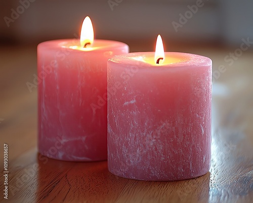 romantic soft valentine love story emotion Pink candles on wooden floor, warm glow photo